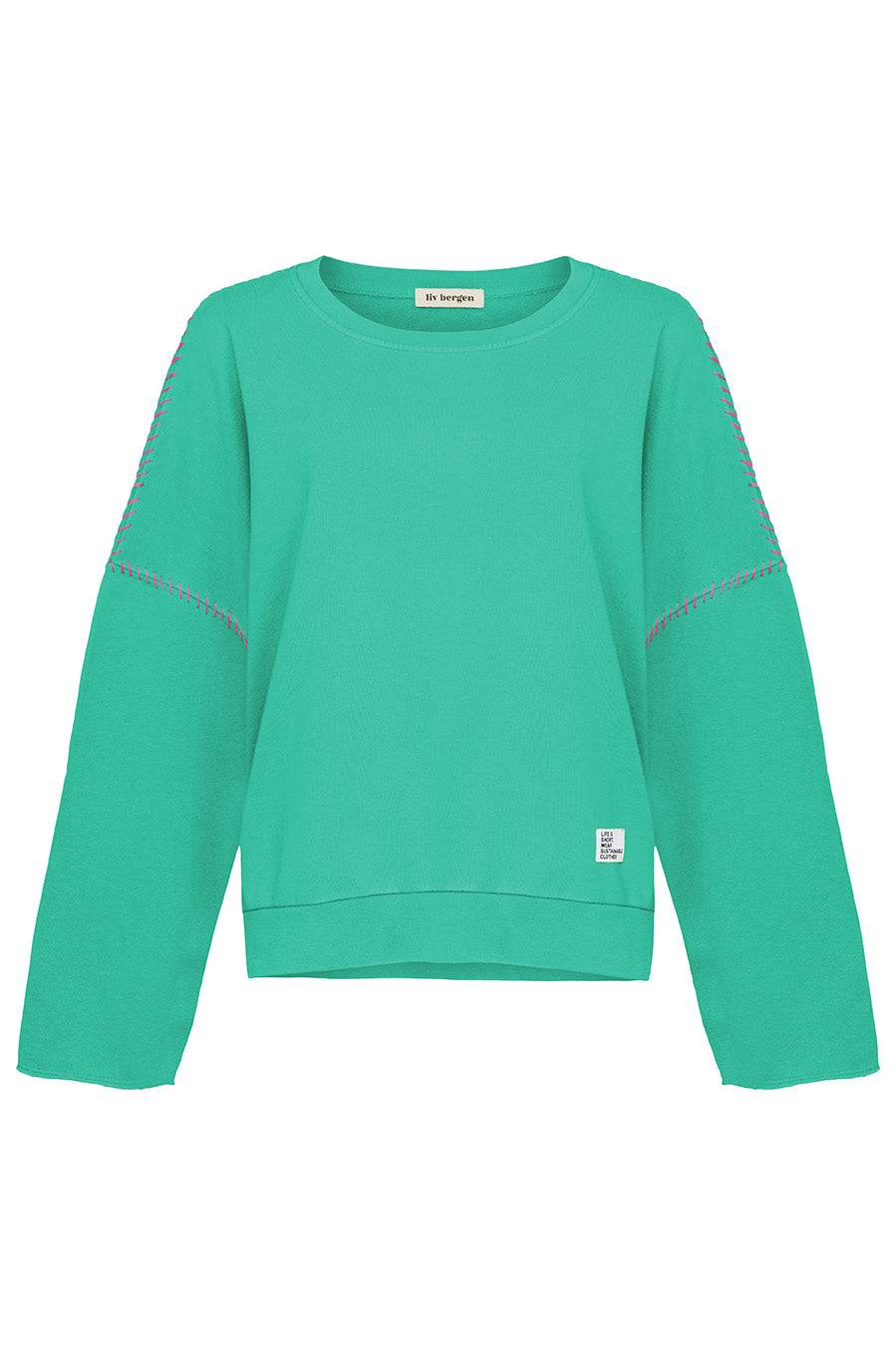 Liv Bergen Sweater "100% Organic Cotton" handstitched in emerald Flash Sale