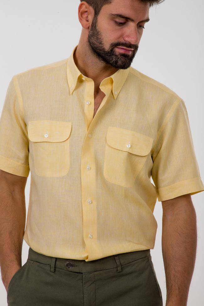aplomb Hemd Herren Aplomb Classic Einfarbig 100% Leinen kragen Button-Down Kurze Ärmel Rabatt
