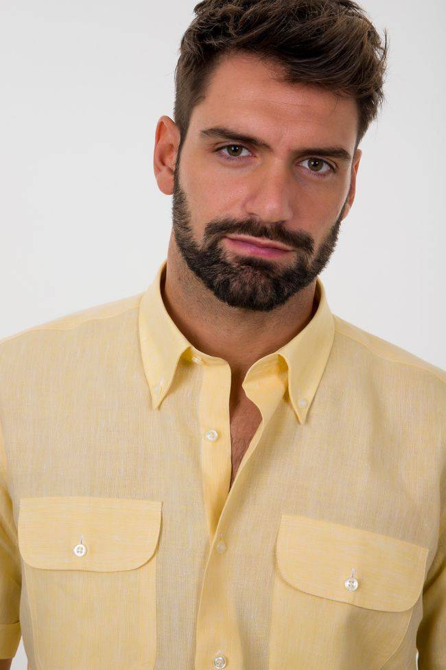 aplomb Hemd Herren Aplomb Classic Einfarbig 100% Leinen kragen Button-Down Kurze Ärmel Rabatt