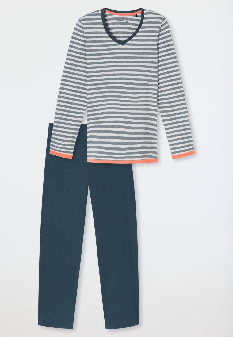 Schiesser Schlafanzug lang Ringel jeansblau - Casual Essentials Tiefpreis