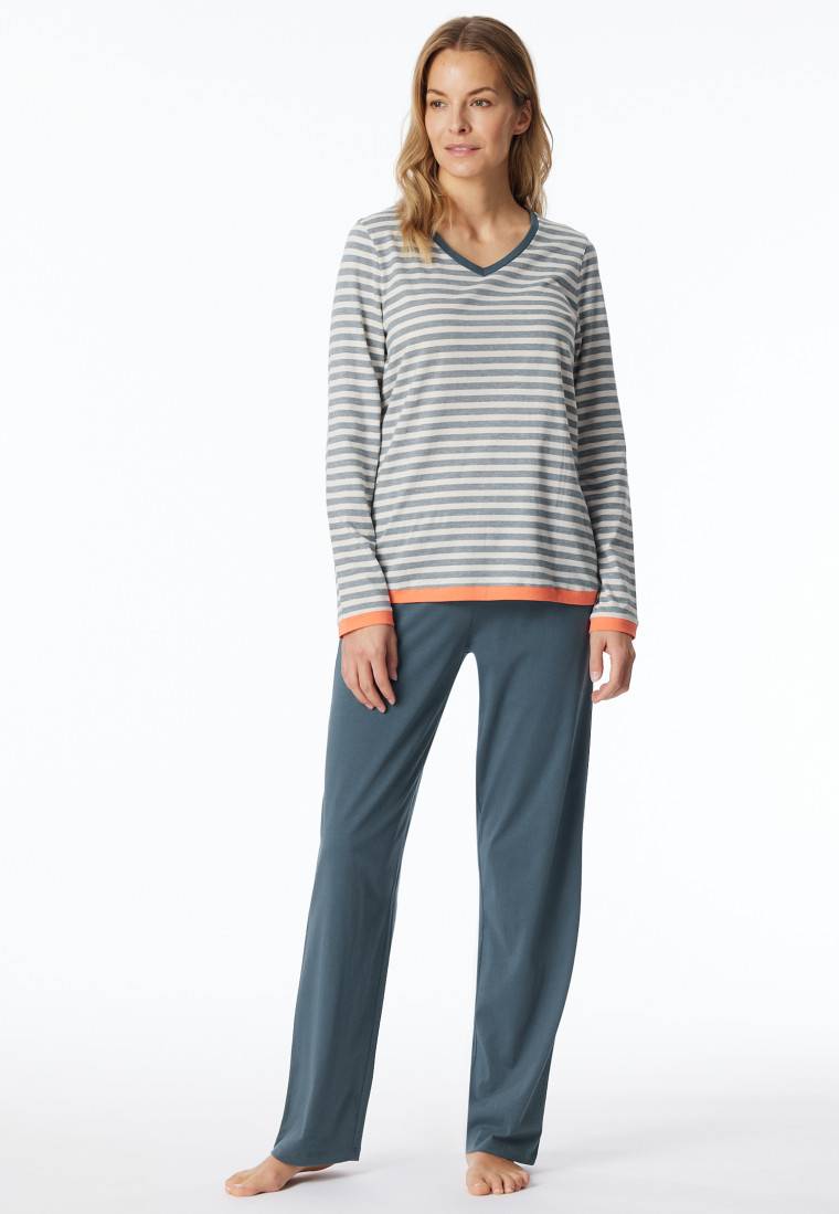 Schiesser Schlafanzug lang Ringel jeansblau - Casual Essentials Tiefpreis