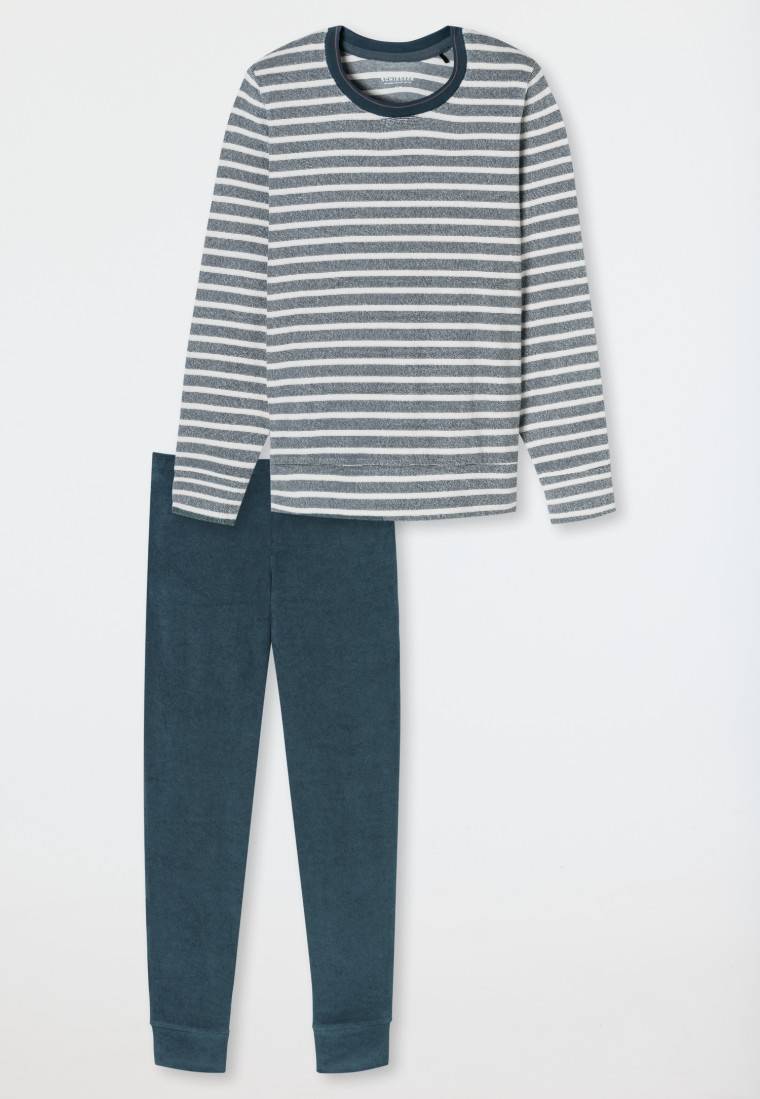 Schiesser Schlafanzug lang Frottee Bündchen Ringel jeansblau - Casual Essentials Super Sparpreis