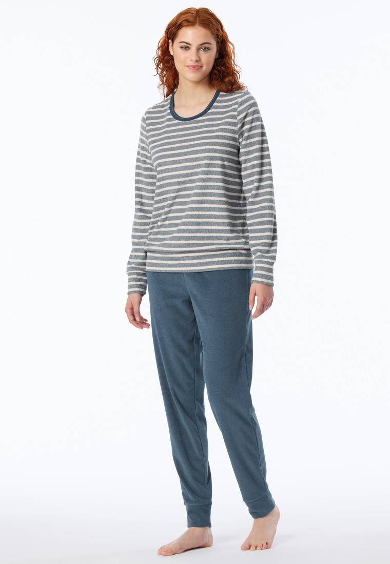 Schiesser Schlafanzug lang Frottee Bündchen Ringel jeansblau - Casual Essentials Super Sparpreis