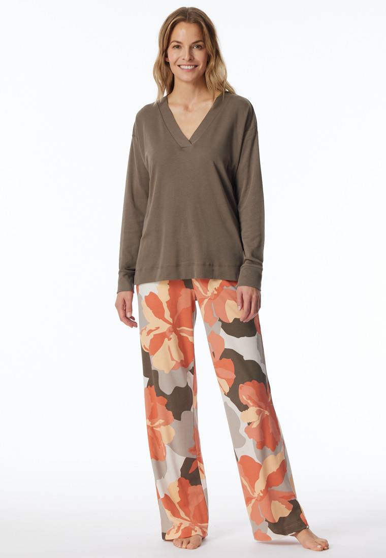 Schiesser Schlafanzug lang Interlock taupe bedruckt - Modern Nightwear Letzte 2 Tage