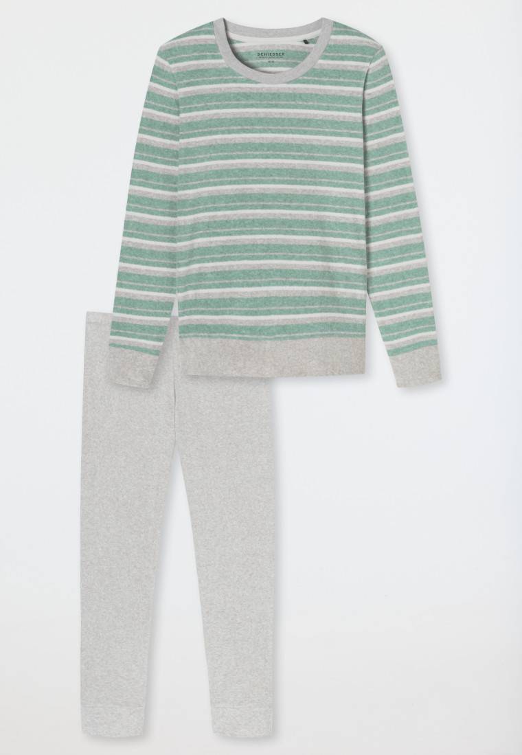 Schiesser Schlafanzug lang Frottee Bündchen Ringel grün-meliert - Casual Essentials Letzter Tag