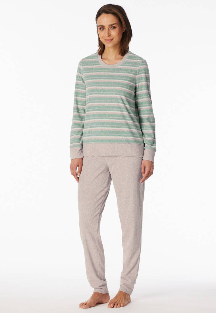 Schiesser Schlafanzug lang Frottee Bündchen Ringel grün-meliert - Casual Essentials Letzter Tag