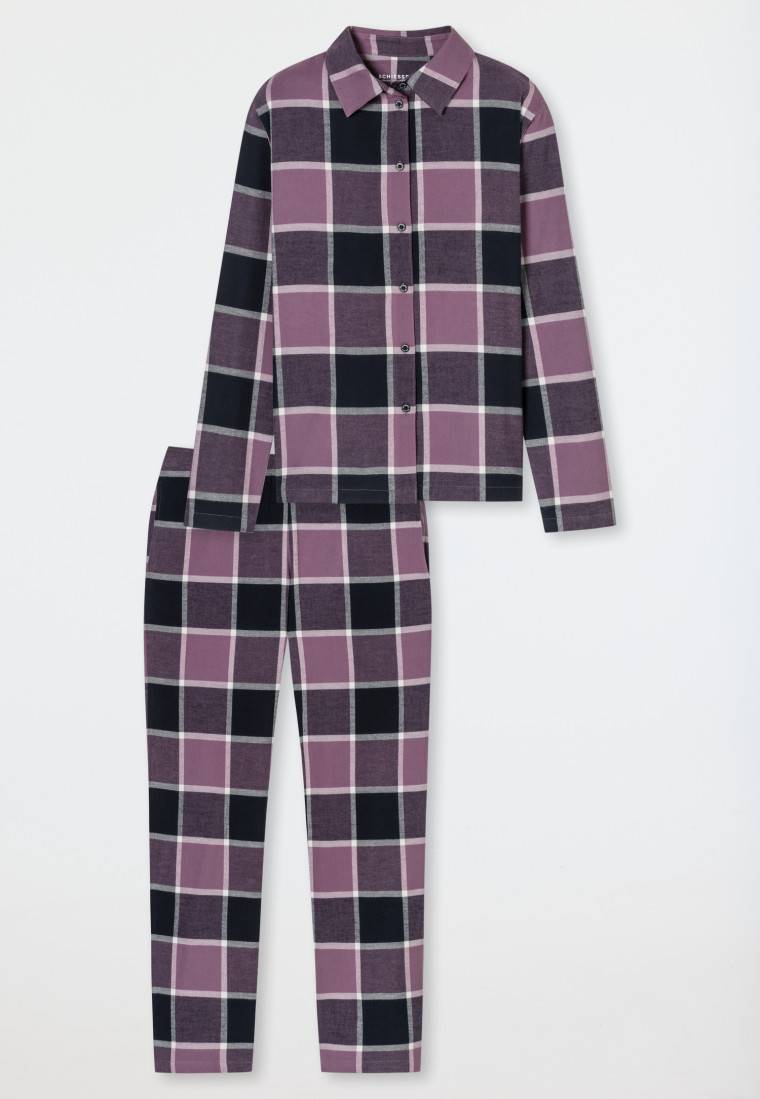 Schiesser Pyjama lang Flanell beige nachtblau - Selected Premium Warming Super Rabatt