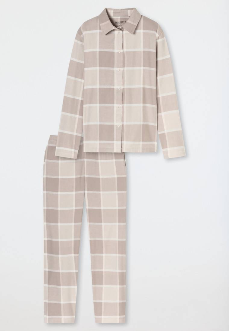 Schiesser Pyjama lang Flanell beige kariert - Selected Premium Warming 50% Rabatt mit kostenlosem Versand