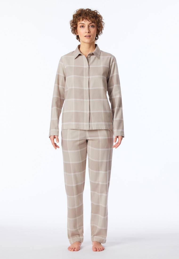 Schiesser Pyjama lang Flanell beige kariert - Selected Premium Warming 50% Rabatt mit kostenlosem Versand