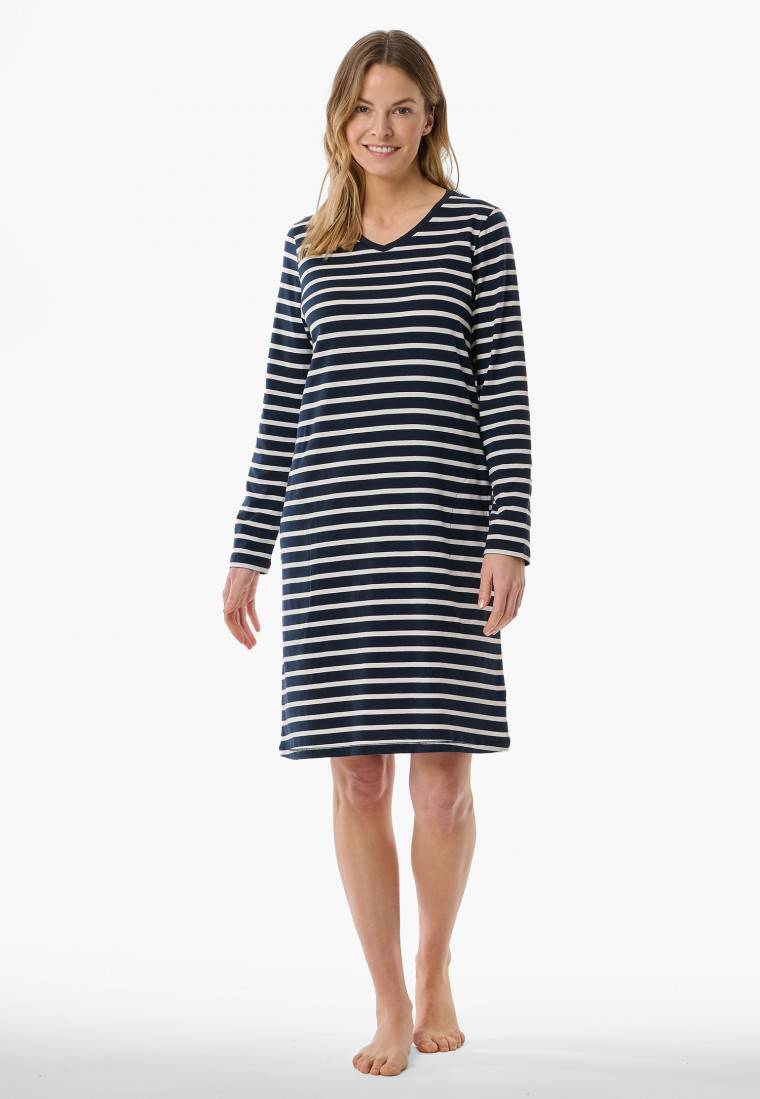 Schiesser Nachthemd langarm Streifen nachtblau - Casual Essentials Preisnachlass