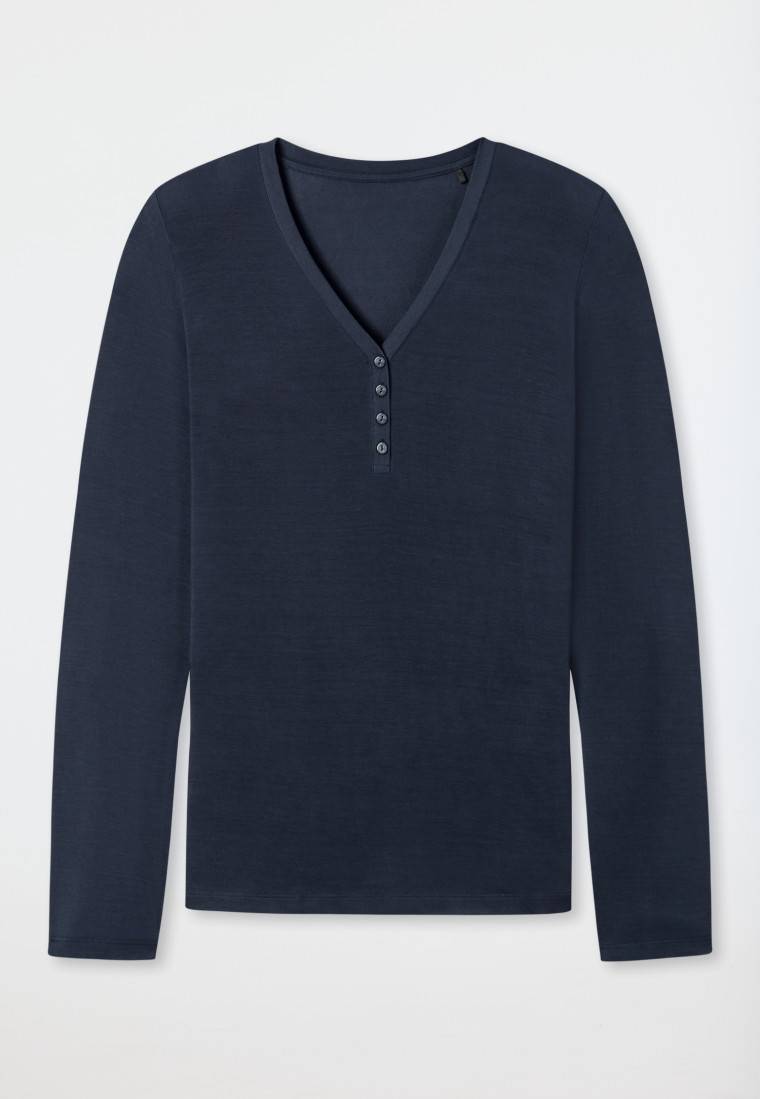 Schiesser Shirt langarm Modal V-Ausschnitt Knopfleiste blau - Mix+Relax Räumungsverkauf