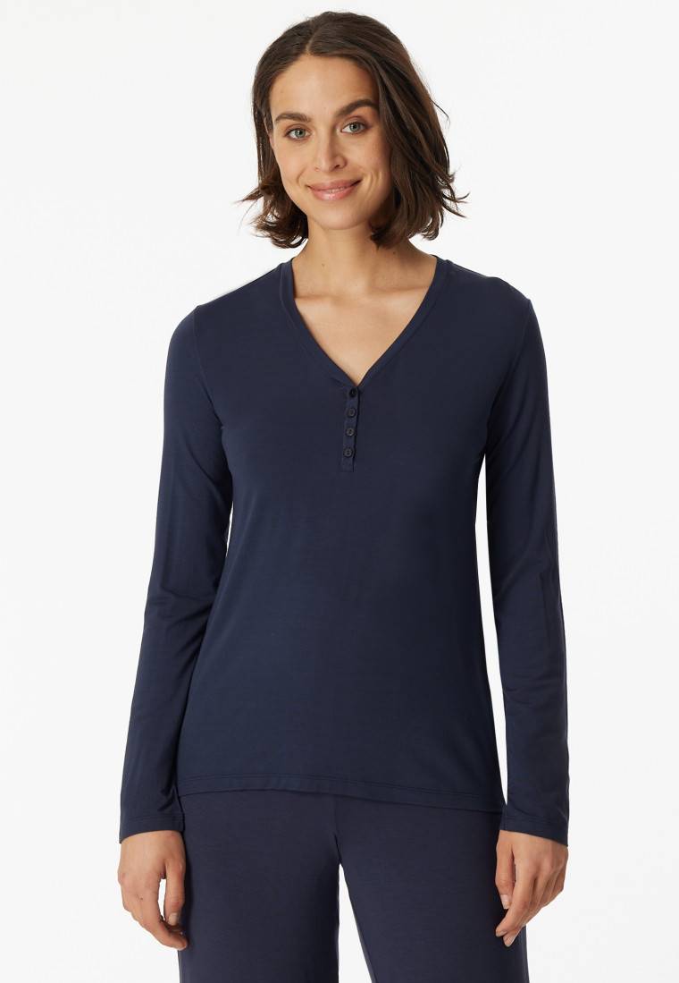 Schiesser Shirt langarm Modal V-Ausschnitt Knopfleiste blau - Mix+Relax Räumungsverkauf