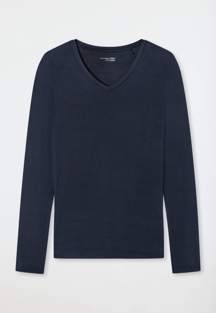 Schiesser Shirt langarm Modal V-Ausschnitt blau - Mix+Relax VIP-Rabatte
