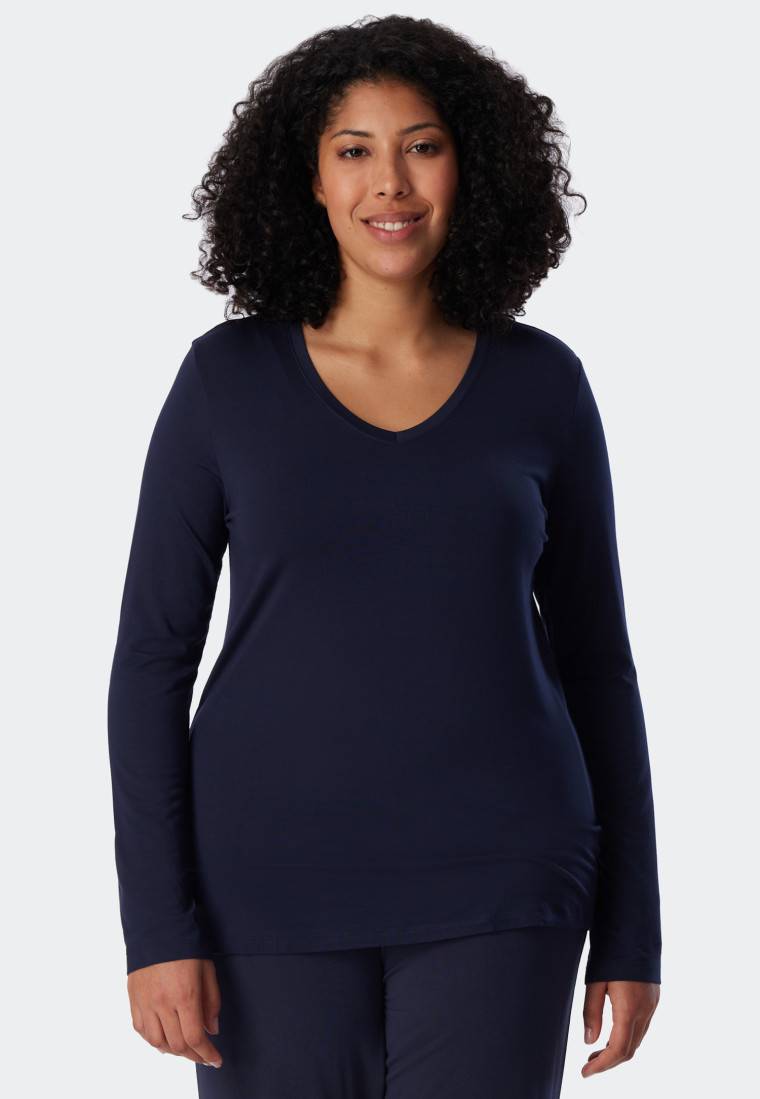 Schiesser Shirt langarm Modal V-Ausschnitt blau - Mix+Relax VIP-Rabatte