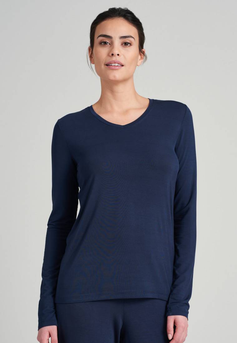 Schiesser Shirt langarm Modal V-Ausschnitt blau - Mix+Relax VIP-Rabatte