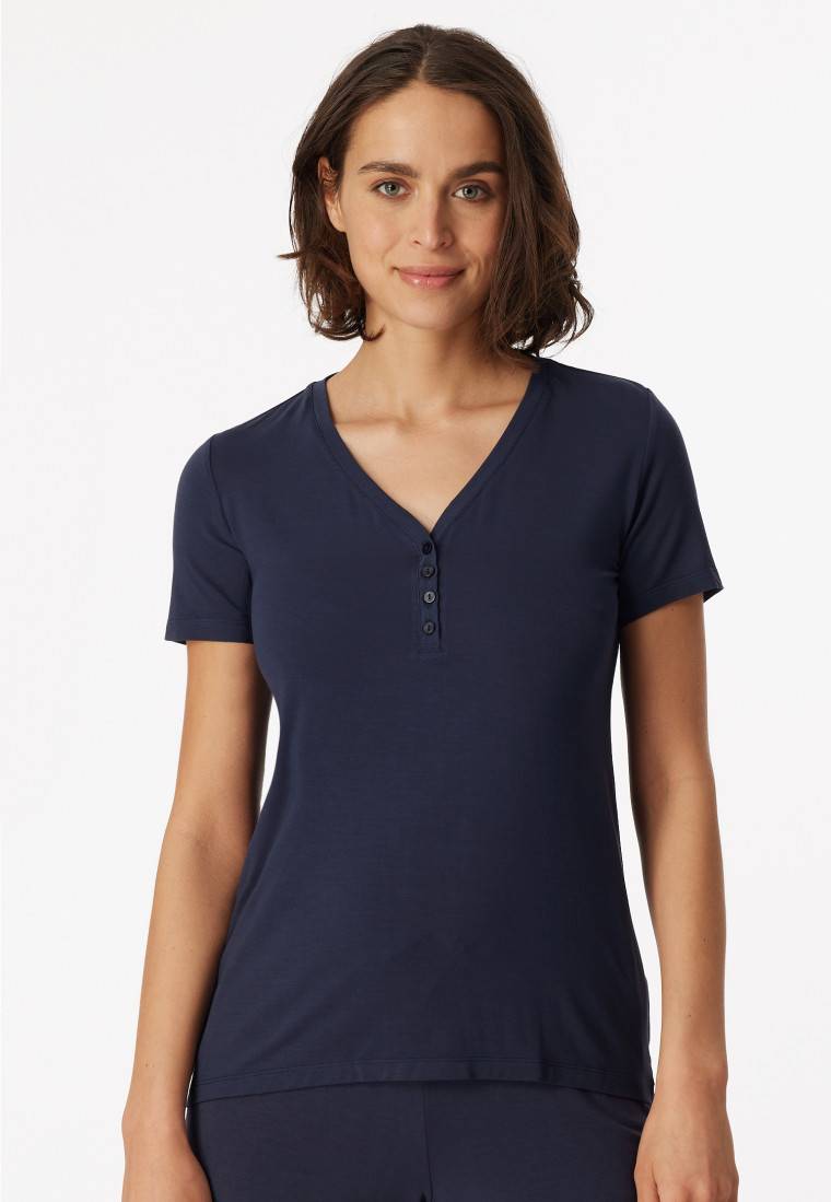 Schiesser Shirt kurzarm Henley Knopfleiste blau - Mix+Relax Tiefpreis