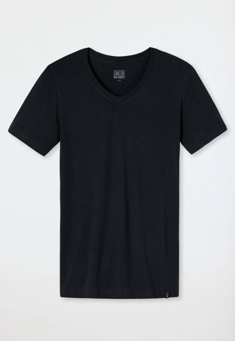 Schiesser Shirt kurzarm Jersey elastisch V-Ausschnitt blauschwarz - Long Life Soft Tiefpreis