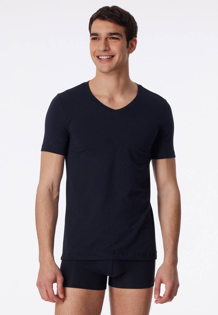 Schiesser Shirt kurzarm Jersey elastisch V-Ausschnitt blauschwarz - Long Life Soft Tiefpreis