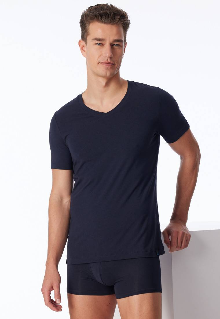 Schiesser Shirt kurzarm Jersey elastisch V-Ausschnitt blauschwarz - Long Life Soft Tiefpreis