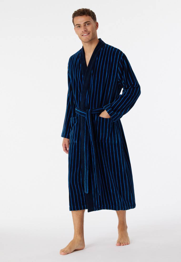 Schiesser Bademantel Softvelours dunkelblau gestreift - Essentials Tiefpreis