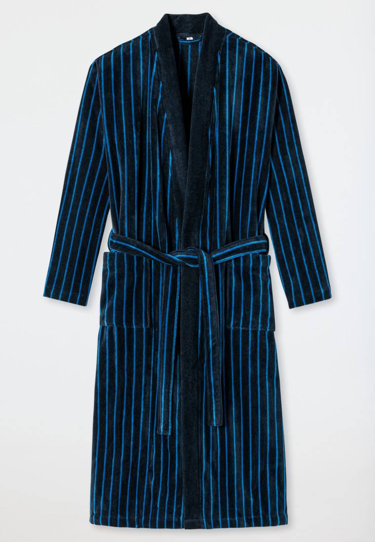 Schiesser Bademantel Softvelours dunkelblau gestreift - Essentials Tiefpreis