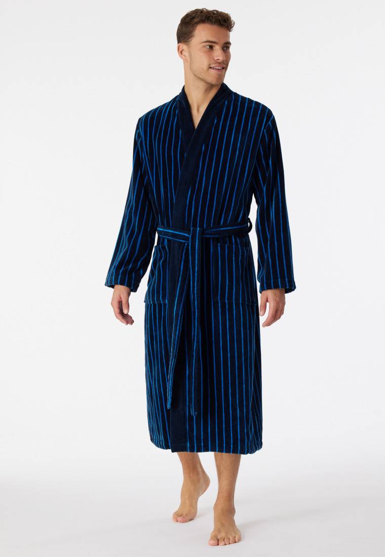 Schiesser Bademantel Softvelours dunkelblau gestreift - Essentials Tiefpreis