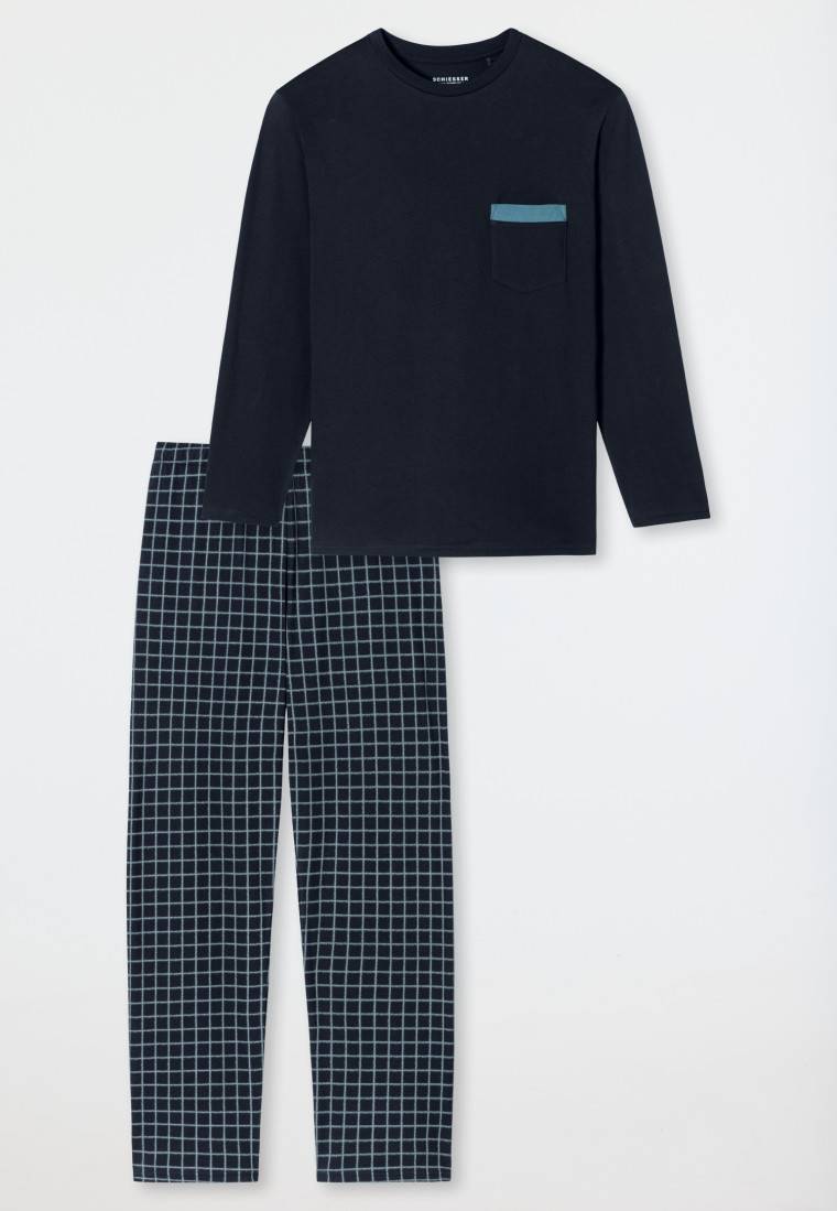 Schiesser Schlafanzug lang Organic Cotton Karos nachtblau - Comfort Nightwear Blitzverkäufe