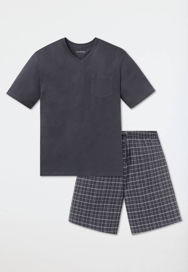 Schiesser Schlafanzug kurz Jersey V-Ausschnitt grau - Ebony Limitierter Zeitrabatt