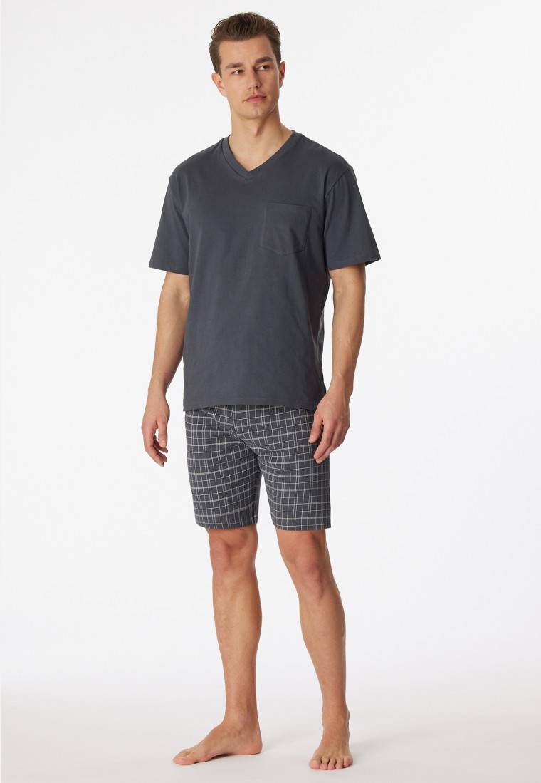 Schiesser Schlafanzug kurz Jersey V-Ausschnitt grau - Ebony Limitierter Zeitrabatt