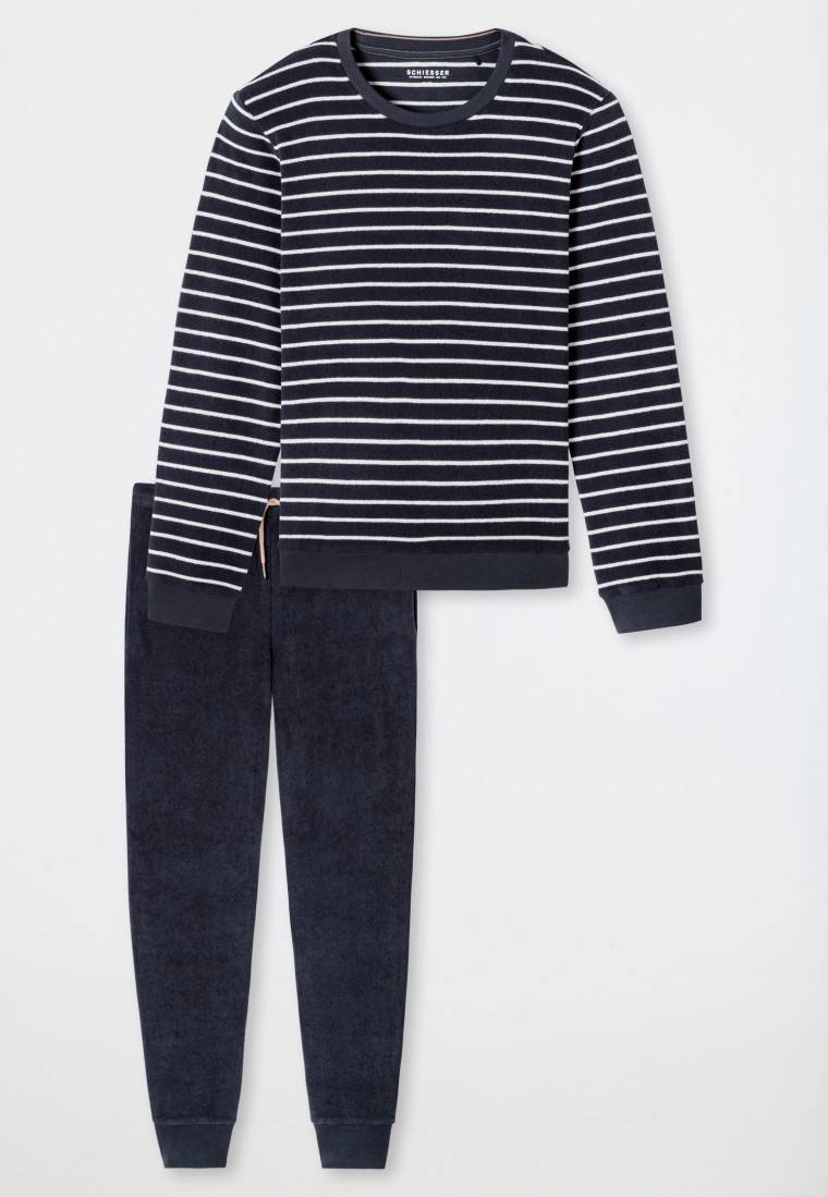 Schiesser Schlafanzug lang Frotttee Bündchen Streifen nachtblau - Casual Nightwear Günstig kaufen