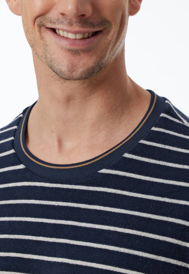 Schiesser Schlafanzug lang Frotttee Bündchen Streifen nachtblau - Casual Nightwear Günstig kaufen