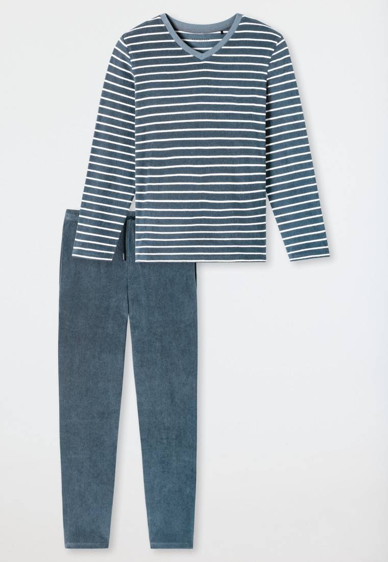 Schiesser Schlafanzug lang Frottee Streifen jeansblau - Casual Nightwear Versandkostenfrei