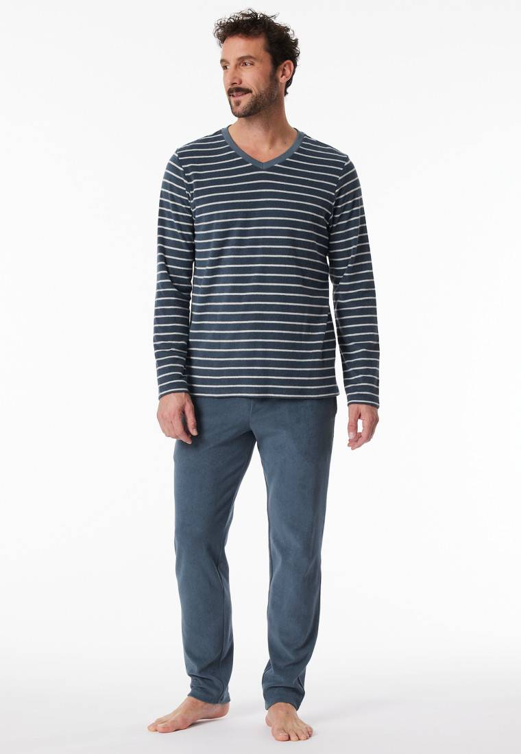 Schiesser Schlafanzug lang Frottee Streifen jeansblau - Casual Nightwear Versandkostenfrei