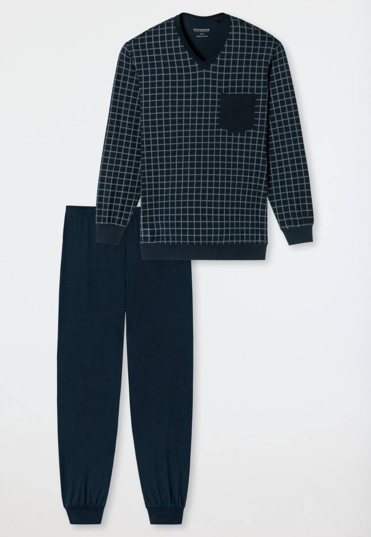 Schiesser Schlafanzug lang Bündchen jeansblau kariert - Comfort Nightwear Black Friday
