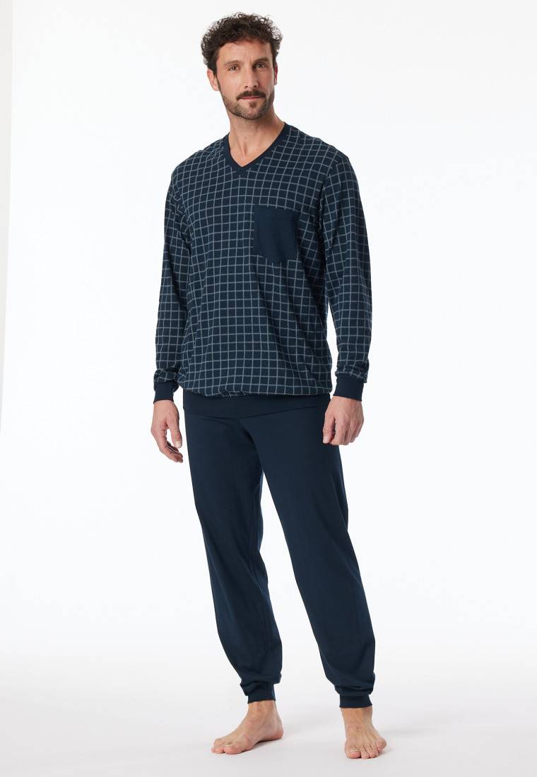 Schiesser Schlafanzug lang Bündchen jeansblau kariert - Comfort Nightwear Black Friday