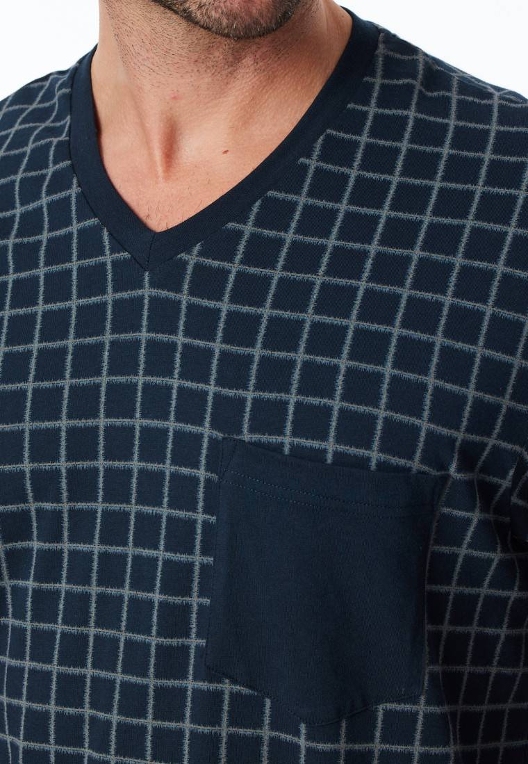 Schiesser Schlafanzug lang Bündchen jeansblau kariert - Comfort Nightwear Black Friday