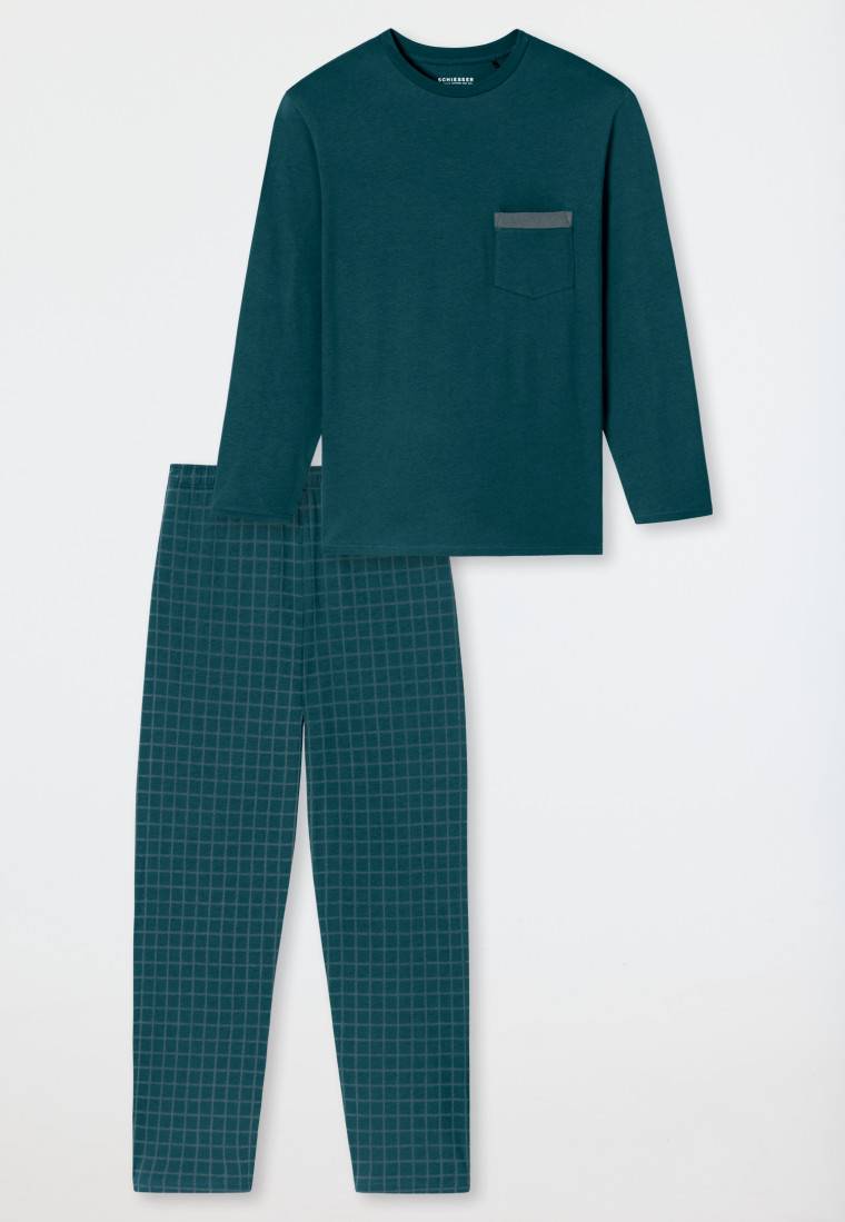 Schiesser Schlafanzug lang Organic Cotton Karos petrol - Comfort Nightwear Muttertagsangebot