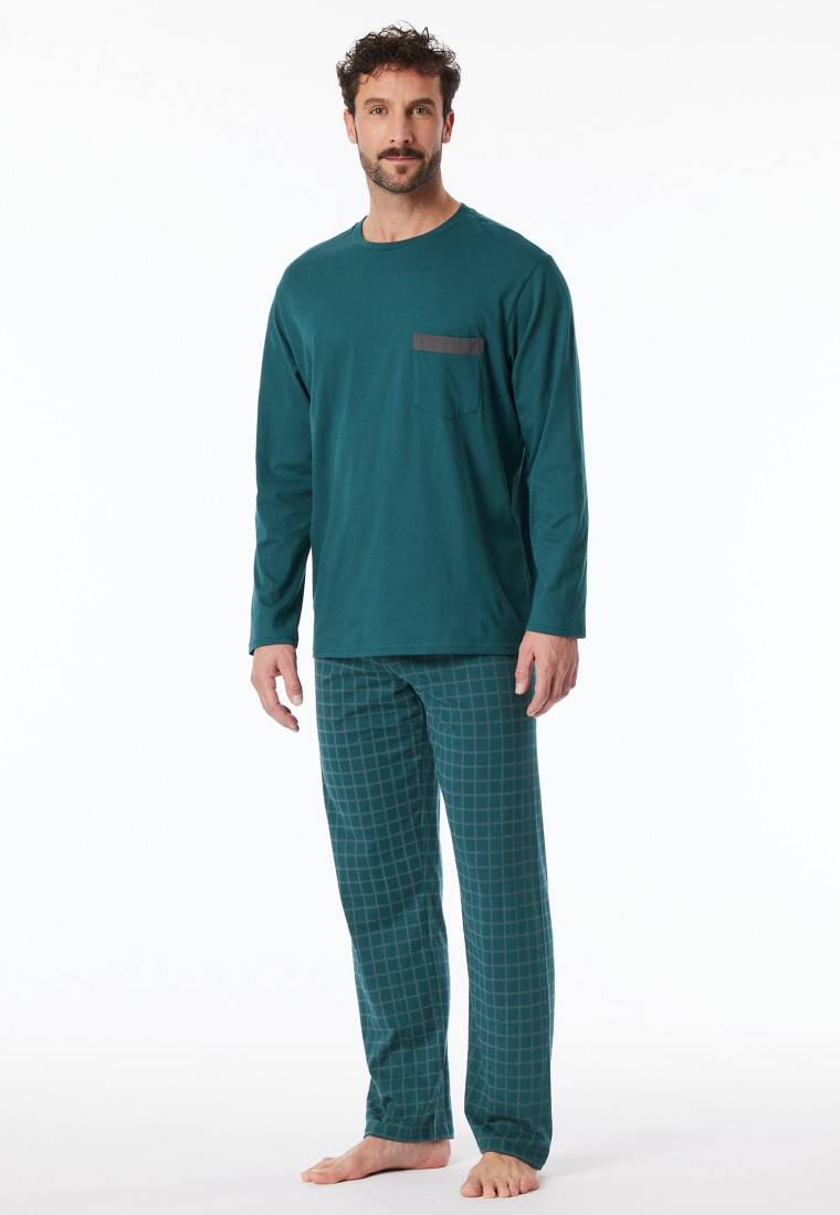 Schiesser Schlafanzug lang Organic Cotton Karos petrol - Comfort Nightwear Muttertagsangebot