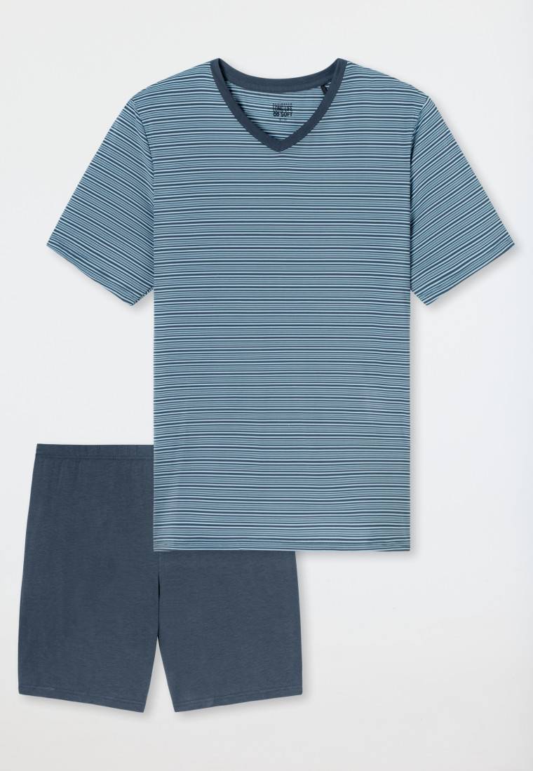 Schiesser Schlafanzug kurz Ringel V-Ausschnitt jeansblau - Long Life Soft Valentinstagsangebot