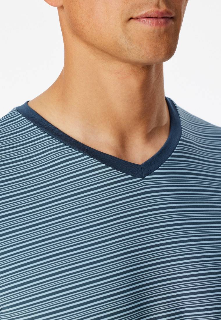 Schiesser Schlafanzug kurz Ringel V-Ausschnitt jeansblau - Long Life Soft Valentinstagsangebot