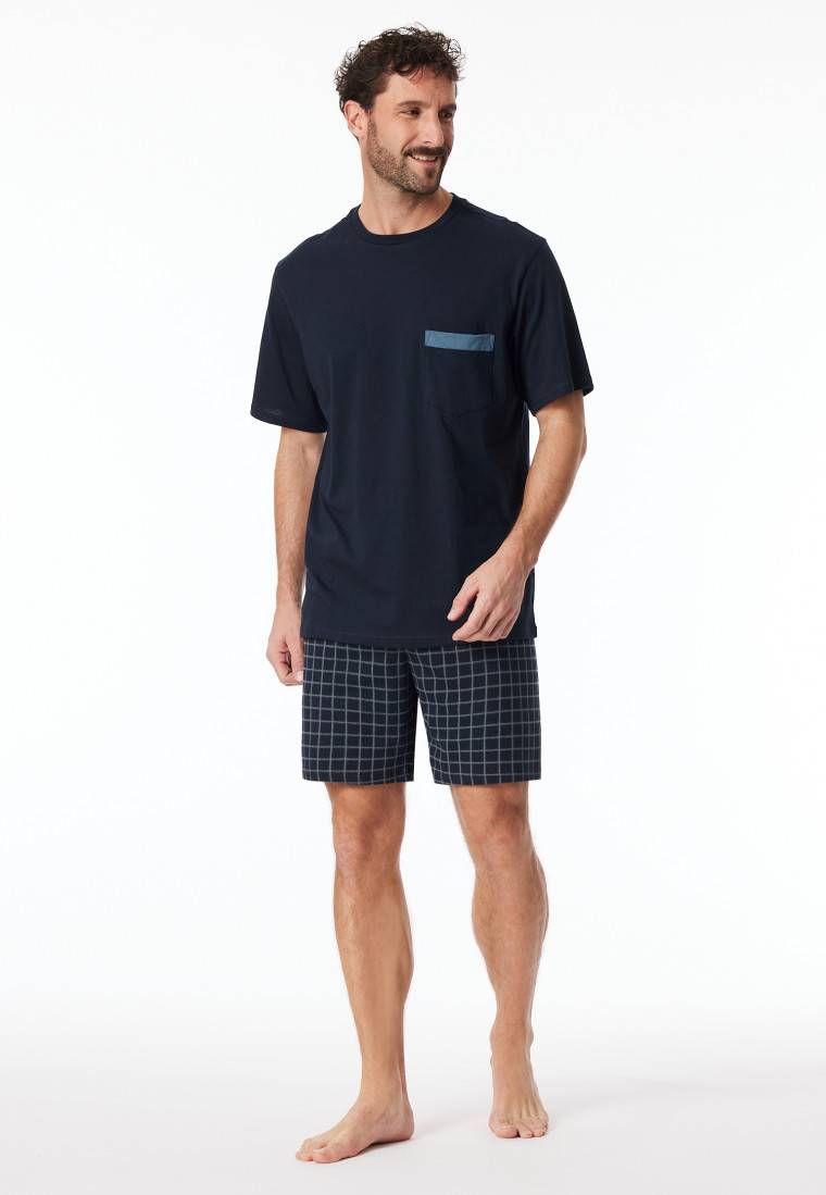 Schiesser Schlafanzug kurz Organic Cotton Karos nachtblau - Comfort Nightwear Zeitlich begrenztes Angebot