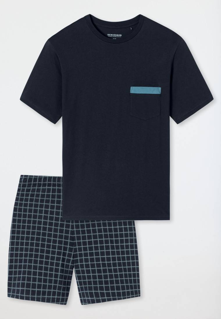 Schiesser Schlafanzug kurz Organic Cotton Karos nachtblau - Comfort Nightwear Zeitlich begrenztes Angebot