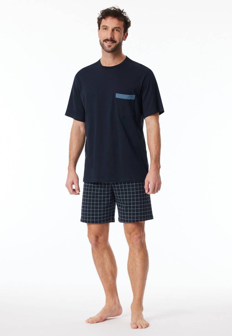Schiesser Schlafanzug kurz Organic Cotton Karos nachtblau - Comfort Nightwear Zeitlich begrenztes Angebot