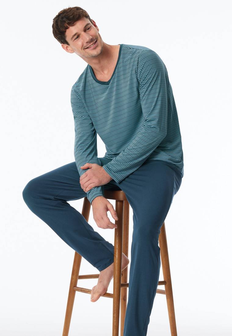 Schiesser Schlafanzug lang Streifen jeansblau - Long Life Soft Blitzangebot