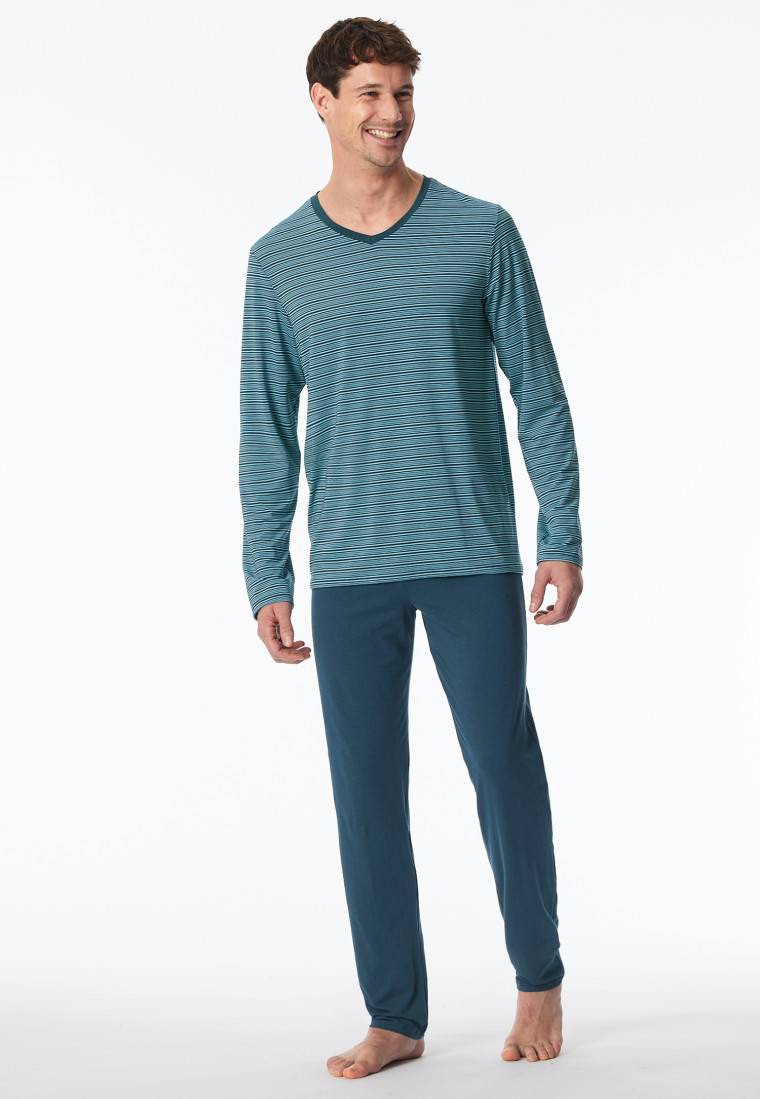 Schiesser Schlafanzug lang Streifen jeansblau - Long Life Soft Blitzangebot