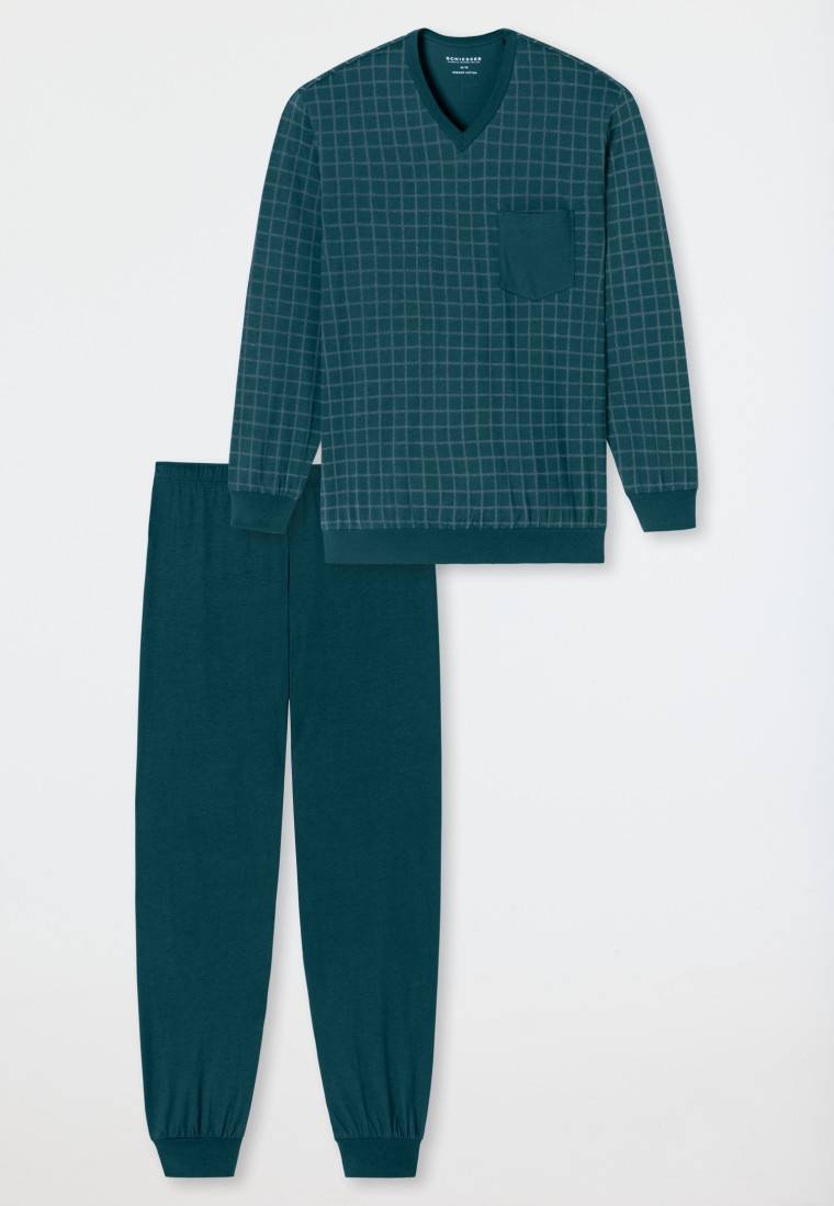 Schiesser Schlafanzug lang Bündchen petrol kariert - Comfort Nightwear Tägliche Deals