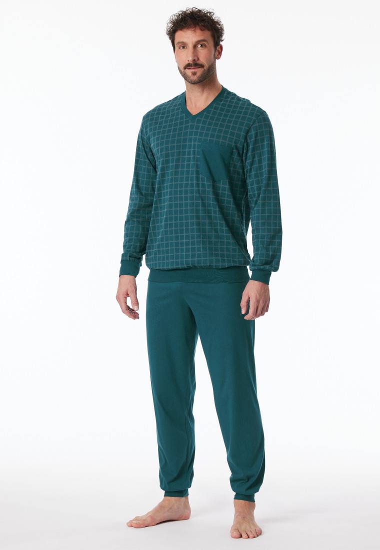 Schiesser Schlafanzug lang Bündchen petrol kariert - Comfort Nightwear Tägliche Deals