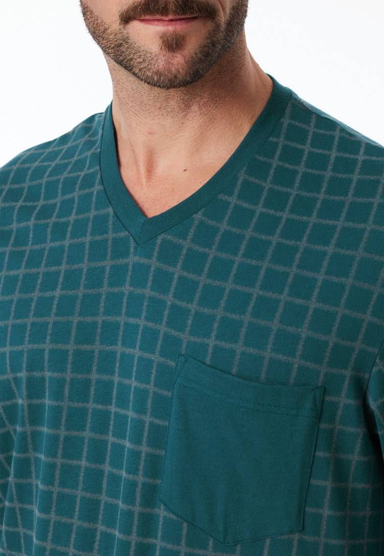 Schiesser Schlafanzug lang Bündchen petrol kariert - Comfort Nightwear Tägliche Deals