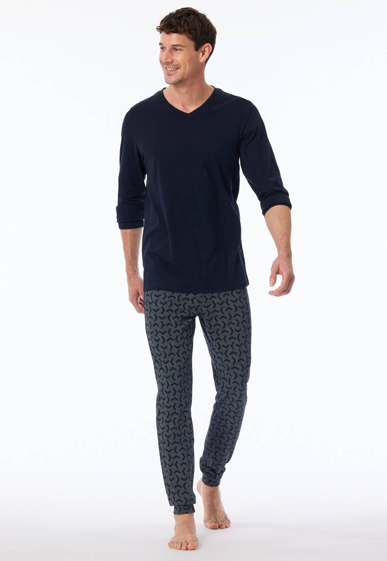 Schiesser Schlafanzug lang Bündchen nachtblau - Casual Essentials Tiefpreis