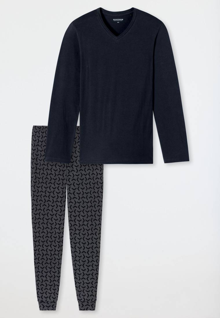 Schiesser Schlafanzug lang Bündchen nachtblau - Casual Essentials Tiefpreis